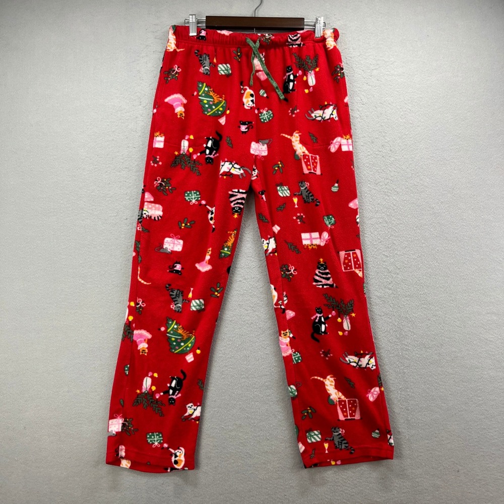 Cuddl‎ Duds Pajama Pants Womens M Red Christmas Cats Fleece Holiday Lounge PJs